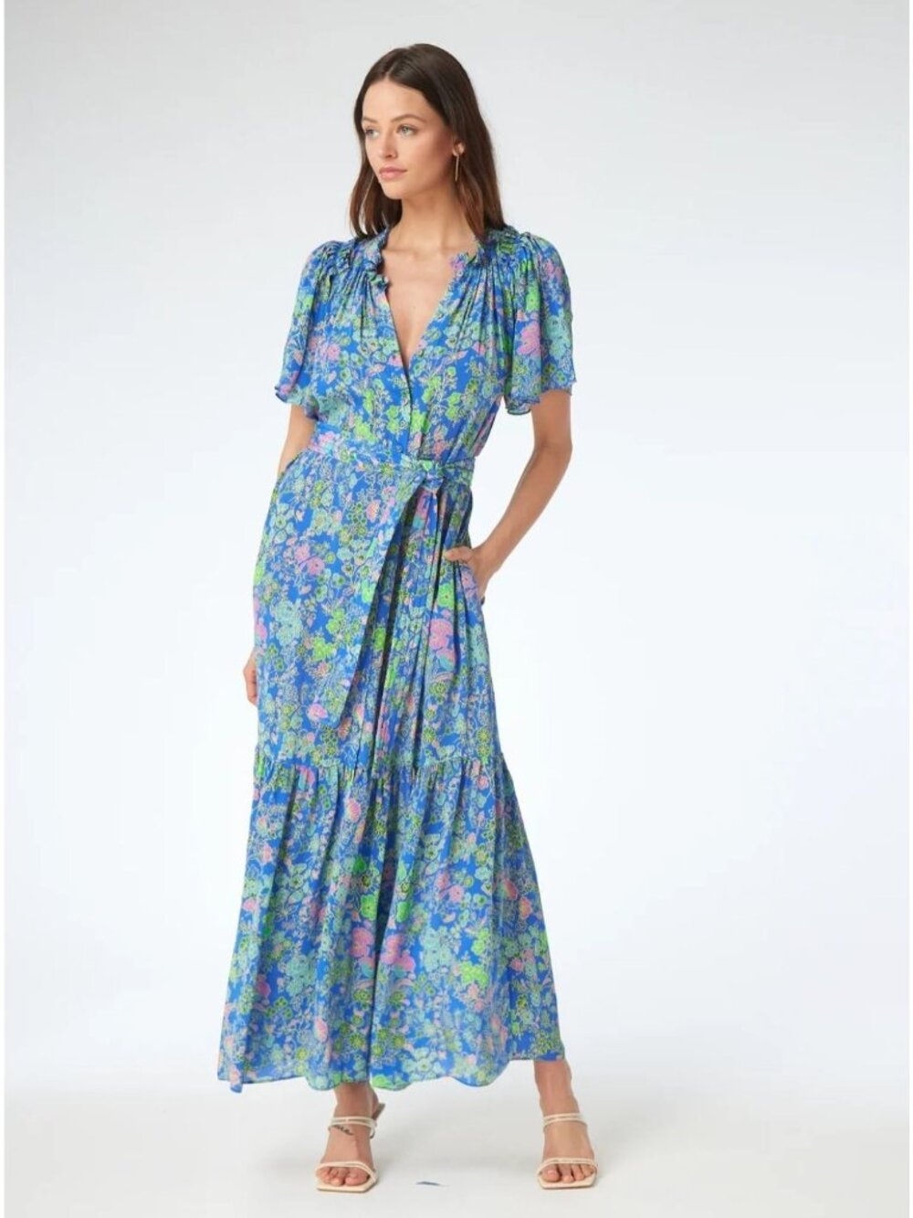 Gilner Farrar Sydney Maxi Dress Blue Green Floral Print Boho Chic Size Large